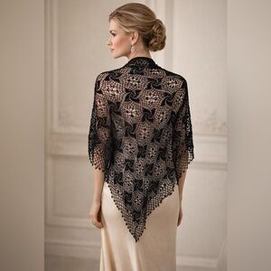 Vintage Mary McFadden Black Beaded Crochet Fringe Piano Shawl